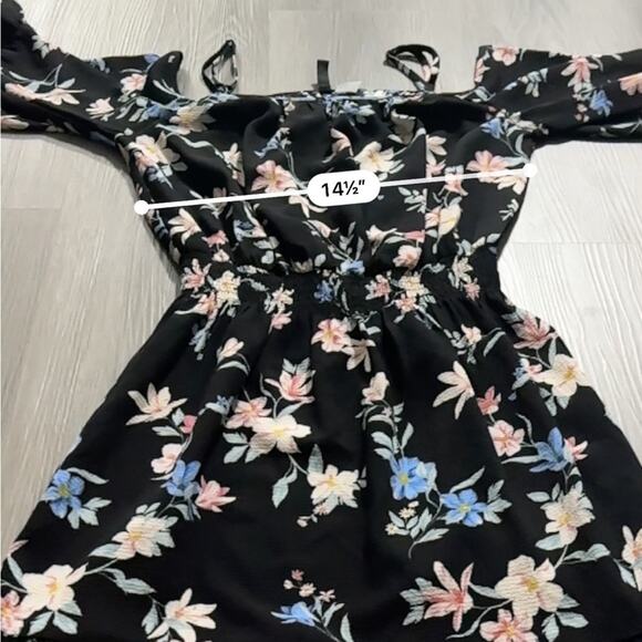 H&M Divided Black Multicolor Floral Cold Shoulder Long Bell Sleeve Mini Dress 4 - Picture 6 of 8